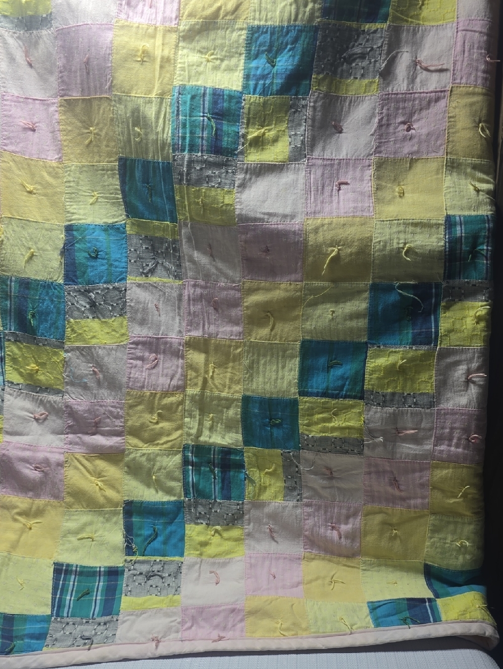 Handmade? Patchwork Cotton Quilt Throw in Yellow, Blue, Pink